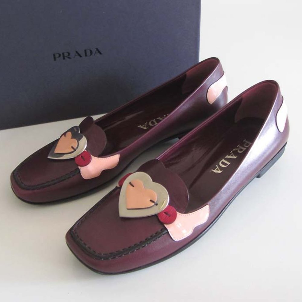 new PRADA burgundy Heart Detail square toe flats 36.5 / 6.5 US - Picture 1 of 9